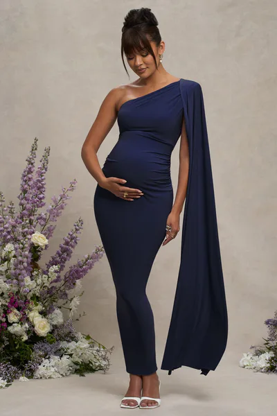 Club L London Amaryllis | Navy Maternity One Shoulder Maxi Dress with Cape Sleeve