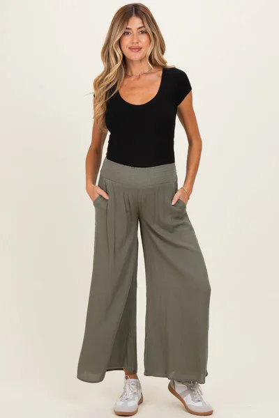 PinkBlush Olive Smocked Waist Ankle Wide Leg Maternity Pants