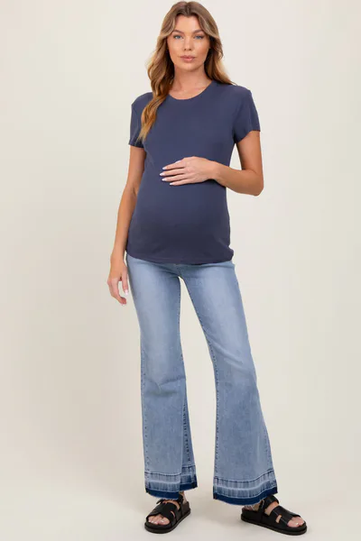 PinkBlush Light Blue Distressed Release Hem Flare Maternity Jeans