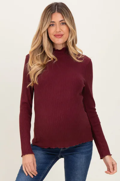 PinkBlush Burgundy Ribbed Mock Neck Ruffle Hem Maternity Long Sleeve Top