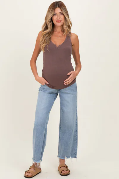 PinkBlush Light Blue Fringe Hem Ankle Wide Leg Maternity Jeans