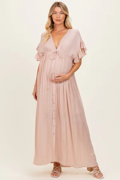 PinkBlush Light Pink Button Down Deep V-Neck Maternity Maxi Dress