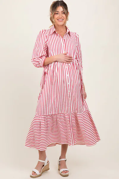 PinkBlush Red Striped Collar Maternity Maxi Dress
