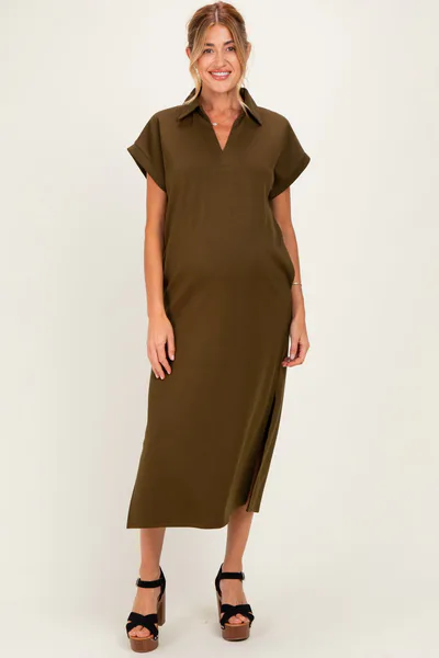 PinkBlush Olive Collared Short Sleeve Maternity Midi Dress