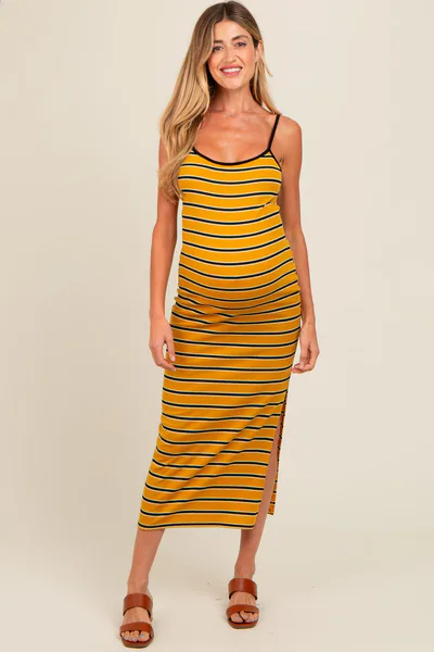 PinkBlush Yellow Striped Ribbed Side Slit Maternity Midi Dress