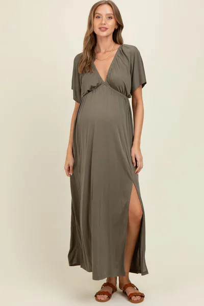 PinkBlush Olive V-Neck Flutter Sleeve Side Slit Maternity Maxi Dress
