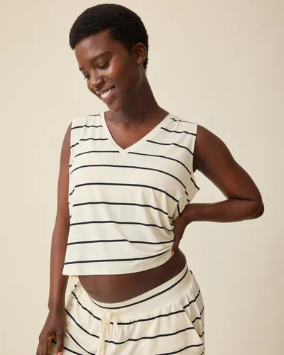 Kindred Bravely Aria Bamboo Cropped V-neck Tank | White & Black Stripe