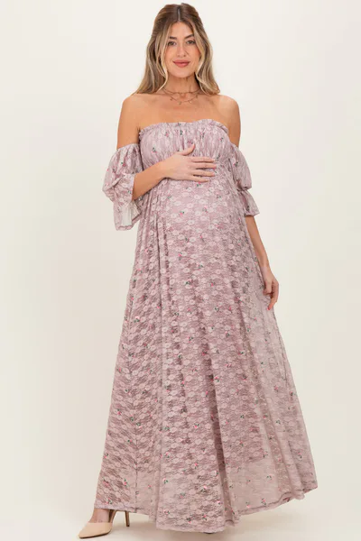 PinkBlush Taupe Floral Lace Off Shoulder Ruffe Sleeve Maternity Maxi Dress