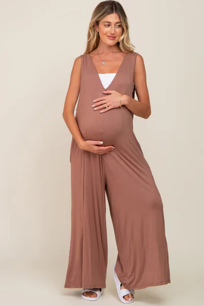 PinkBlush Mocha Deep V Sleeveless Wide Leg Maternity Jumpsuit