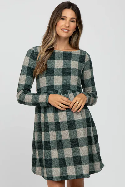 PinkBlush Forest Green Plaid Knit Maternity Dress