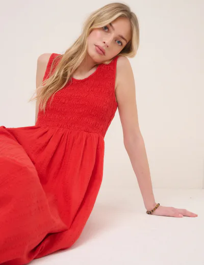 For The Creators Red Shirred Sleeveless Kinsley Midi Dress
