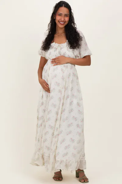 PinkBlush Creme Floral Chiffon Smocked Ruffle Maternity Maxi Dress