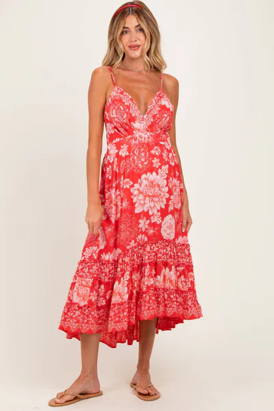 PinkBlush Strawberry Floral V-Neck Tiered Hem Maternity Midi Dress