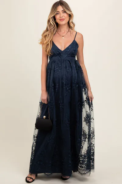 PinkBlush Navy Floral Lace Overlay Maternity Maxi Dress