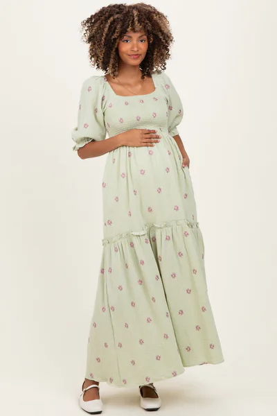 PinkBlush Mint Floral Smocked Puff Sleeve Maternity Maxi Dress