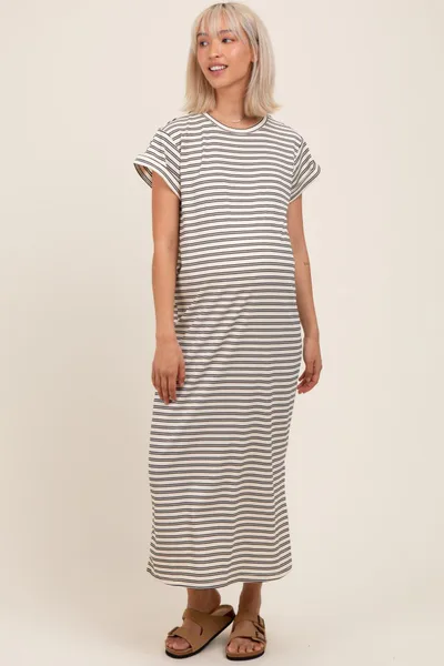 PinkBlush Black Striped Maternity Midi T-Shirt Dress