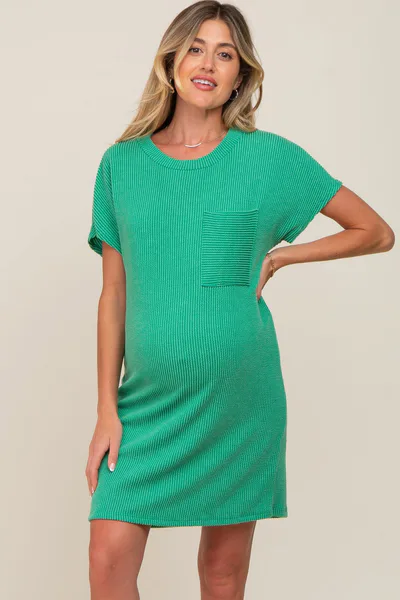 PinkBlush Green Ribbed Front Pocket Dolman Short Sleeve Maternity Dress