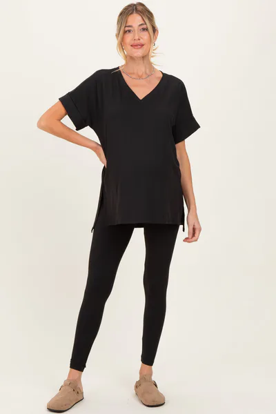 PinkBlush Black Oversized V-Neck Tee Legging Maternity Lounge Set