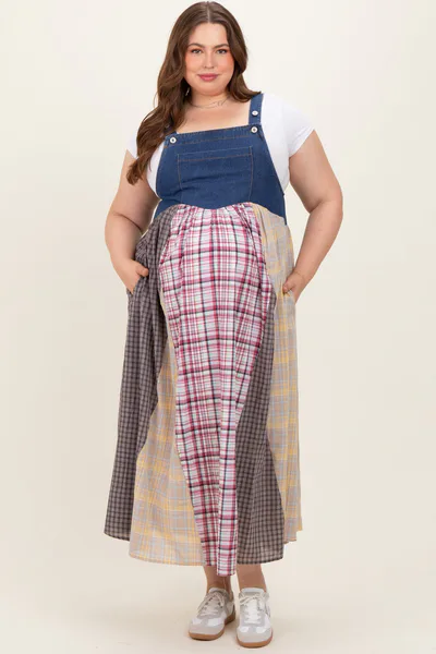 PinkBlush Multicolor Plaid Colorblock Denim Maternity Plus Overall Dress