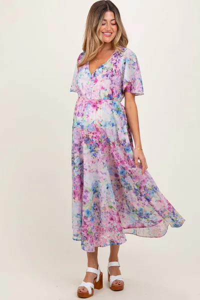PinkBlush Light Pink Watercolor Floral Flutter Sleeve Maternity Midi Dress