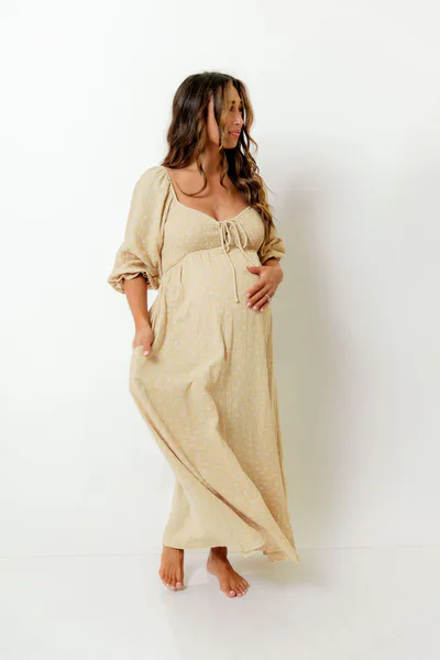 Worth Collective Cecilia 100% Cotton Smocked Maxi Dress in Muted Gold Foliage - Bump Friendly