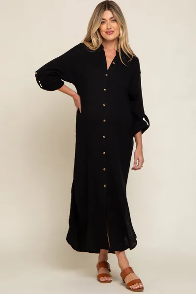 PinkBlush Black Button Down 3/4 Sleeve Maternity Midi Dress
