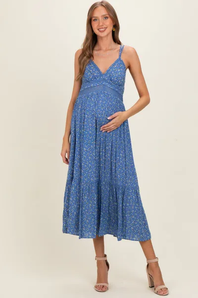 PinkBlush Blue Floral Lace Detail Strappy Maternity Maxi Dress