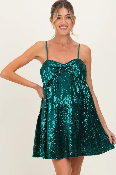 PinkBlush Forest Green Bow Front Sleeveless Sequin Maternity Mini Dress