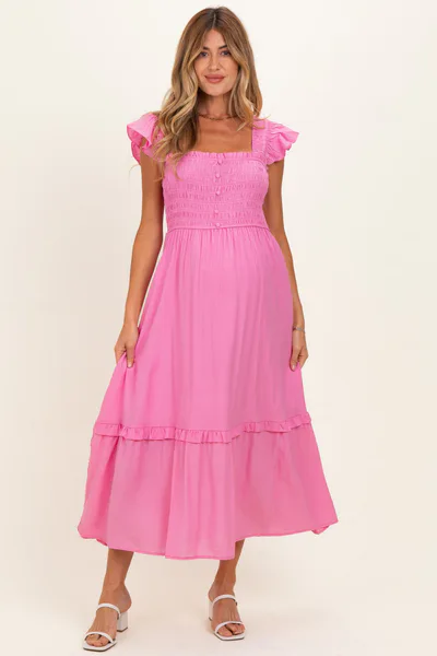 PinkBlush Pink Button Accent Smocked Ruffle Maternity Midi Dress