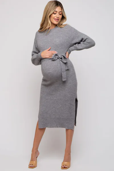 PinkBlush Heather Grey Side Slit Maternity Sweater Midi Dress