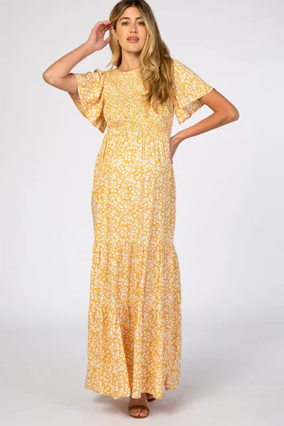 PinkBlush Yellow Floral Smocked Front Pleated Hem Maternity Maxi Dress