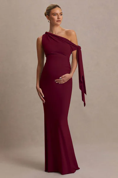 Club L London Orielle | Burgundy Asymmetric-Neck Maternity Maxi Dress With Knot-Sleeve And Sash