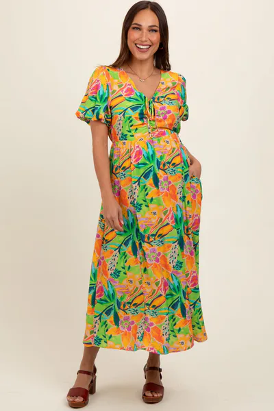 PinkBlush Lime Floral Puff Sleeve Maternity Midi Dress