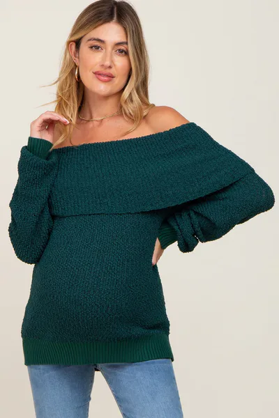 PinkBlush Forest Green Foldover Off Shoulder Maternity Sweater