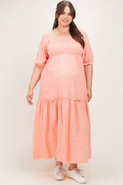 PinkBlush Light Pink Floral Smocked Puff Sleeve Plus Maternity Maxi Dress