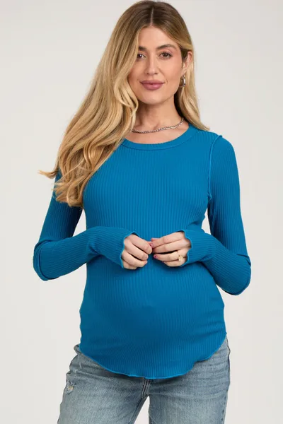 PinkBlush Blue Ribbed Maternity Long Sleeve Top