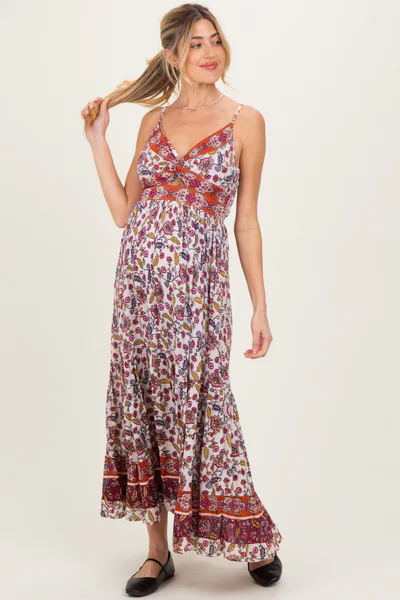 PinkBlush Cream Floral Twist Front Cutout Maternity Maxi Dress