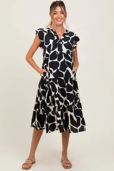 PinkBlush Black Print Tiered Layer Maternity Midi Dress
