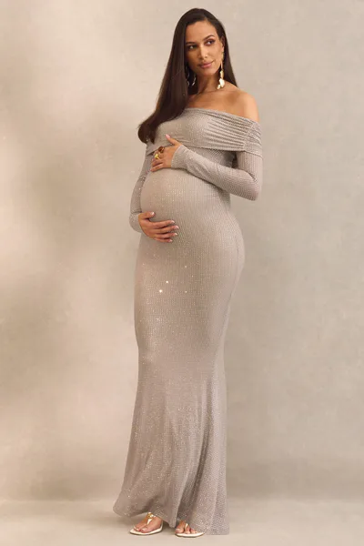 Club L London Pomeline | Champagne Hotfix Bardot-Neck Maternity Maxi Dress