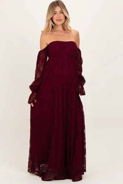 PinkBlush Burgundy Lace Smocked Long Sleeve Off Shoulder Maternity Maxi Dress