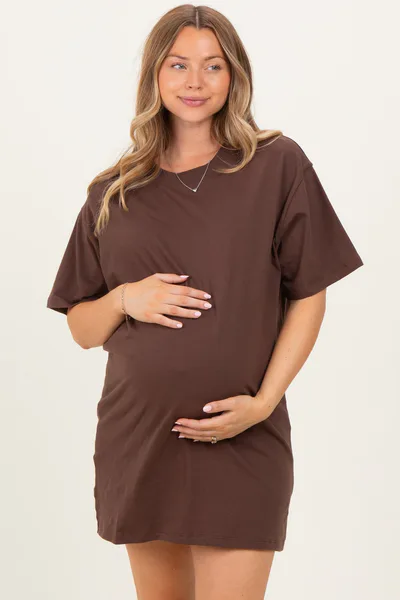 PinkBlush Brown Crewneck Short Sleeve Maternity T-Shirt Dress