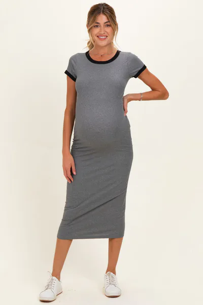 PinkBlush Heather Grey Colorblock Trim Maternity Midi Dress