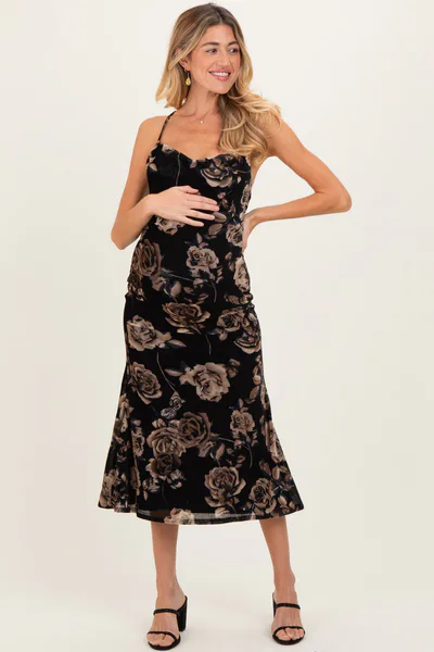 PinkBlush Black Cowl Neck Lace Up Back Maternity Midi Dress