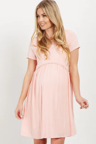 PinkBlush PinkBlush Pink Solid Crochet Trim Maternity Shift Dress