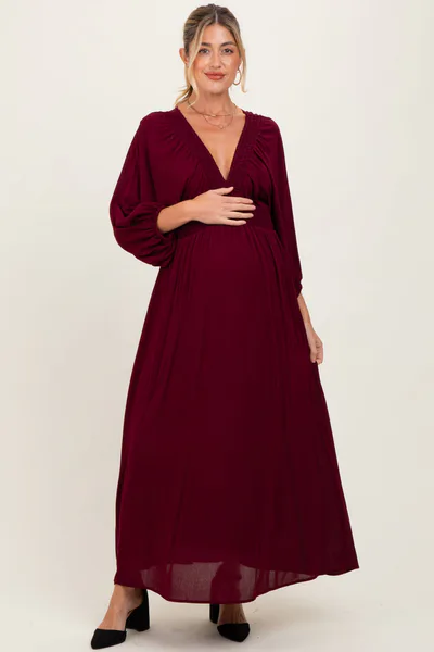 PinkBlush Burgundy Solid Long Sleeve V-Neck Smocked Detail Maternity Maxi Dress