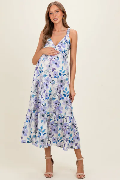 PinkBlush Lilac Blue Floral Pleated Bust Tiered Maternity Maxi Dress