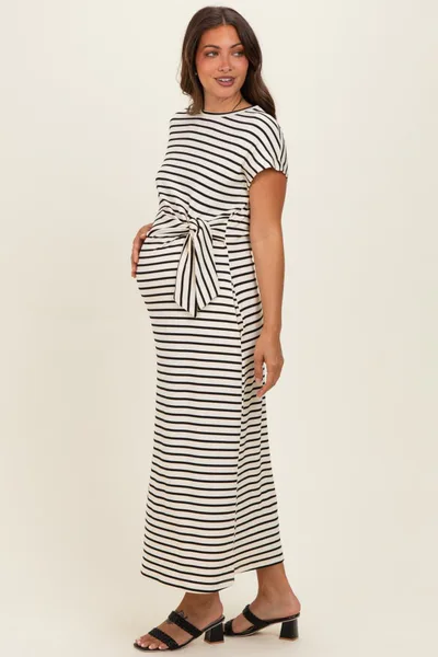 PinkBlush Cream Striped Side Tie Maternity Midi Dress