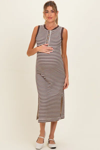 PinkBlush Brown Striped Knit Maternity Midi Henley Tank Dress