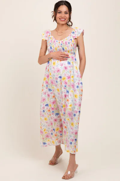 PinkBlush Multi Color Floral Smocked Back Bow Maternity Maxi Dress