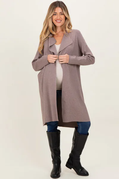 PinkBlush Mocha Knit Open Front Long Maternity Cardigan